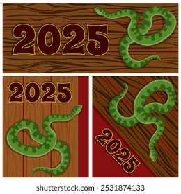 Conjunto de carteles o postales para el año de la serpiente, símbolo de reptil verde del año 2025 en una Ilustración vectorial de plataforma de madera