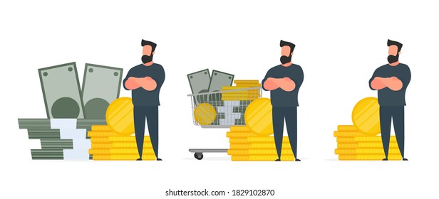 Set für Poster und Präsentationen. Geschäftsmann und ein Berg Geld. Ein Mann steht in der Nähe von Goldmünzen und großen Dollarscheinen. Ein Paket Geld. Vektorgrafik.