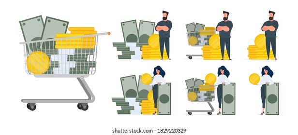 Set for posters and presentations. Businessman and a mountain of money. A man stands near gold coins and large dollar bills. A bundle of money. Vector.