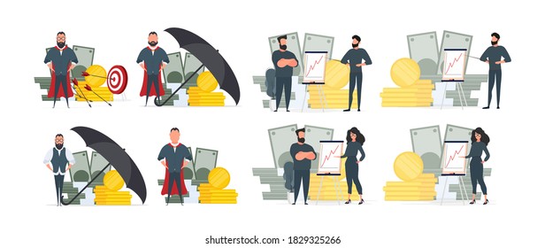 Set for posters and presentations.  A businessman in a red cloak with a mountain of money. Business concept of motivation and achievement. Isolated. Vector.