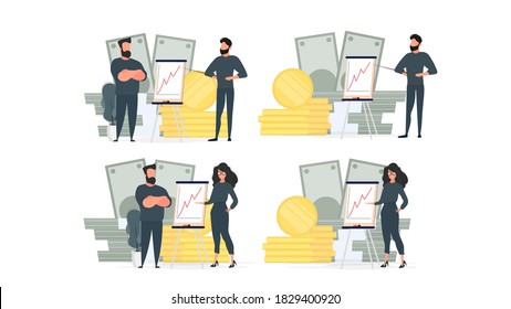 Se ajusta para carteles y presentaciones. La chica y el hombre muestran el informe al jefe. Presentación con dinámica positiva. Cartel de papel. Infografía. Crecimiento empresarial. Aislado. Vector.