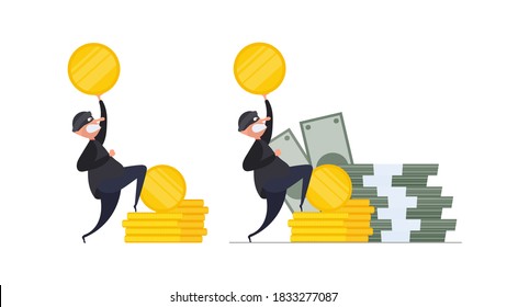 Set for posters and presentations. Two robbers steal gold coins. Two thieves are stealing money. Robbery and security concept. Isolated. Vector.