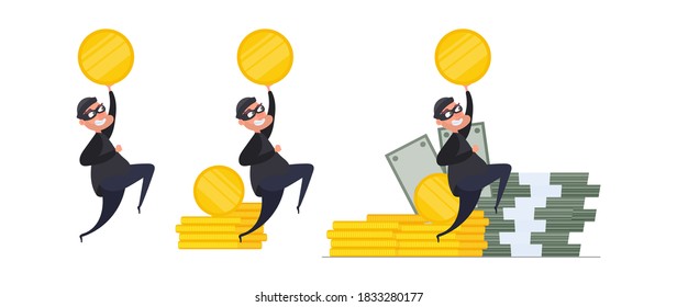 Set for posters and presentations. Two robbers steal gold coins. Two thieves are stealing money. Robbery and security concept. Isolated. Vector.