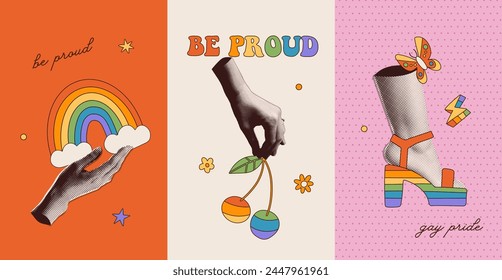 Set of posters for Pride Month. Halftone collage with images of rainbow, clouds cherry and hippie sandals. Collage with cut out paper elements for decoration of LGBT events, covers, ads, cards. Vector