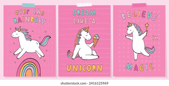 Set of posters, prints, cards, banners decorated with hand drawn unicorns and lettering quotes. EPS 10