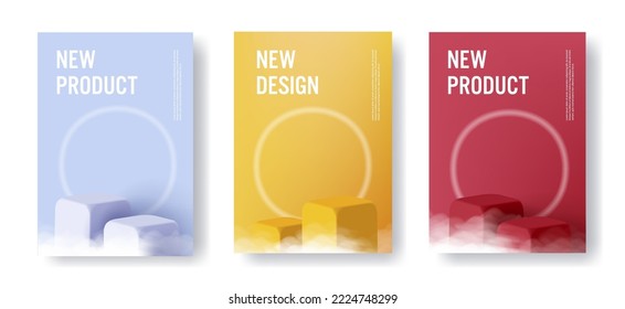 Set of posters with product pedestal, cubes in fog with neon glowing circle disk