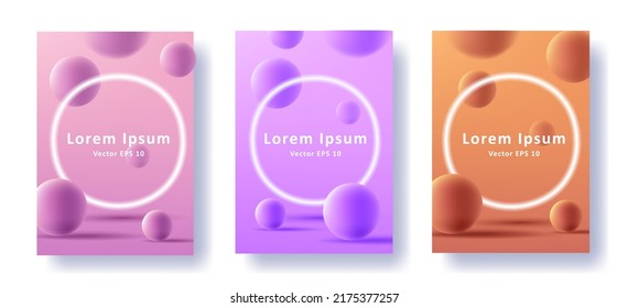 Set of posters for product promo with neon circle and 3d spheres. Vector illustration