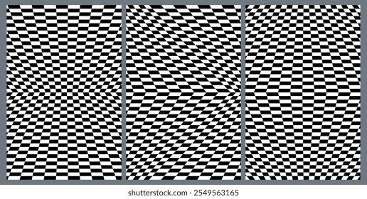 Set of Posters with Psychedelic Checkerboard Patterns. Abstract Black and White Geometric Texture. Vector Print with Optical Illusions