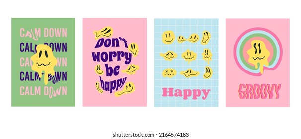 Set posters psychedelic distorted emoji 70s groovy. Retro melting and dripping smiling faces. Vector covers with smile character and text