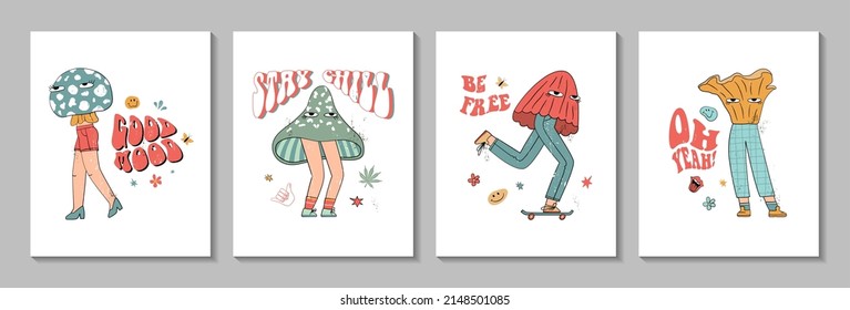 Set of posters with psychedelic mushroom, flowers and other retro elements. 70's Groovy Themed in Hand Drawn style. Hippie illustration for girl tee, t-shirt and sticker