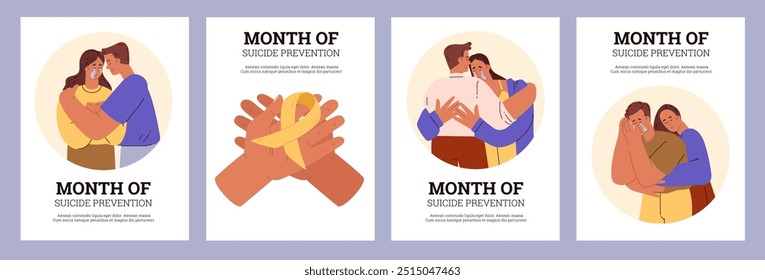 Un conjunto de afiches para crear conciencia sobre la salud mental. Los gráficos incluyen un grupo de personas que se apoyan entre sí, para artículos para una campaña de prevención del suicidio