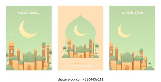 Set of posters for Ramadan Kareem. Vector illustration with mosque, stars and crescent in pastel colors. Holy month Ramadan. Flyers for Islamic holiday. Arabic text translation Ramadan Kareem.