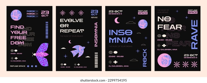A set of posters in the rave techno style with textured bird, moth, moon. A concept of minimalistic strange design for a concert, party, event.