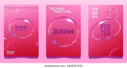 
A set of posters with realistic rainbow bubbles of various shapes.Realistic soap bubbles with rainbow reflection. Vector illustration.Poster for the techno festival.