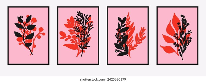 Conjunto de carteles con siluetas rojas y negras de flores, plantas y hojas sobre un fondo rosa.