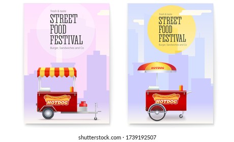 Set of posters with red fast food cart on backdrop of big city. Templates for street food festival. Vehicles with hot dog logo for street market, festival advertising. Vector 3d illustration