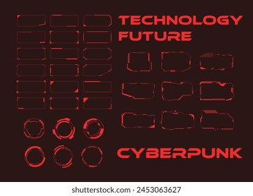 Set posters with red neon geometric cyberpunk element isolated on black background. Cyber concept. Technology of the future banner Geometric shape. Vector illustration EPS 10