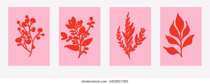 Set of posters with red silhouettes of flowers, plants and leaves on a pink background.