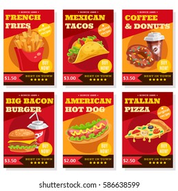 Set of posters in red yellow colors with fast food dishes coffee and donuts isolated vector illustration 