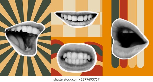 A set of posters with retro backgrounds, wavy lines. Set of halftone collage stickers with lips, teeth and mouth. Punk, rock, cool doodle elements. Retro style, vintage, 80s.Template for banner,poster