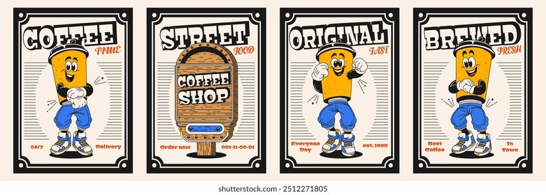 Set of posters with retro coffee characters.  Vector illustration of vintage drinks.  Print for a cafe. Delivery, fast food restaurant. 