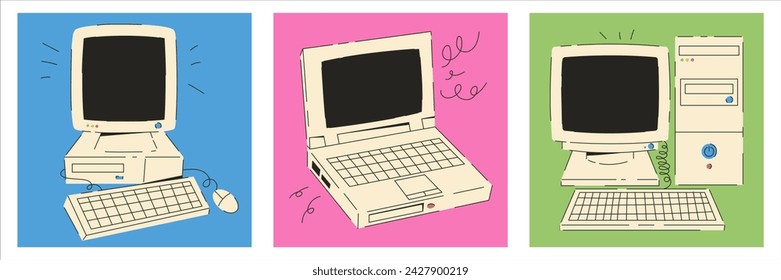 A set of posters of retro computers. Nostalgia for the past in the form of retro technology 80s 90s. Trendy naive simple illustration style.