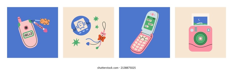 Set of posters with retro electronic devices. Photo camera, mobile phone with beaded keychain, game. Cute and stylish attributes from 90s. Hand drawn vector illustration. Vintage electronics, hobbies.