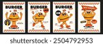 A set of posters with retro groovy burger characters. Delivery, burger bar, cafe, fast food restaurant. The best burger in the town.