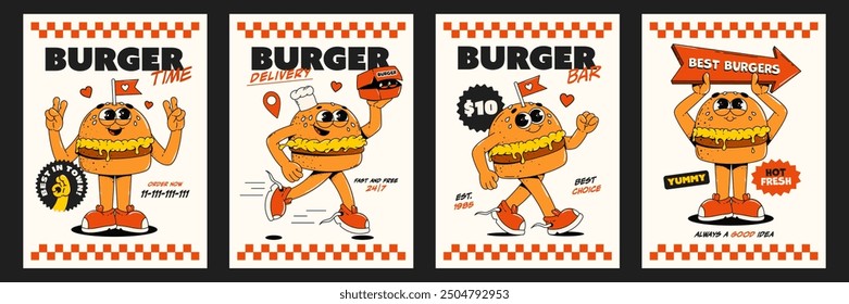 A set of posters with retro groovy burger characters. Delivery, burger bar, cafe, fast food restaurant. The best burger in the town.