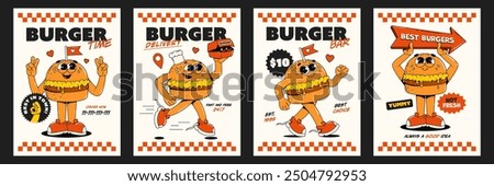 A set of posters with retro groovy burger characters. Delivery, burger bar, cafe, fast food restaurant. The best burger in the town.