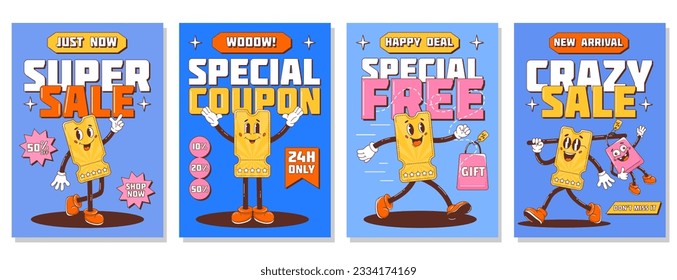 Set of posters, retro groovy sale with discount coupon character. Super discount, happy deal, new arrival, special free gift.Vector background, cards, banner. A4 format