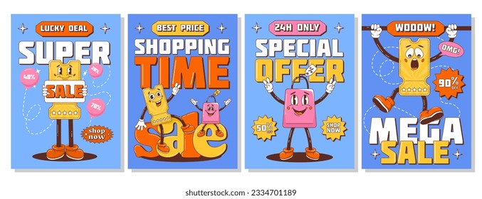 Set of posters, retro groovy sale with discount coupon character. Lucky deal, best price, shopping time, special offer, shop now. Vector background, cards, banner. A4 format