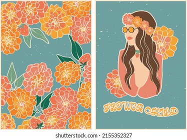 Set of posters in retro style with flowers, strawberries and a girl in a floral wreath and sunglasses. Vintage retro style. Psychedelic wallpaper. Colorful vector art design. 60s, 70s, hippies.