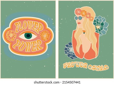 Set of posters in retro style with a hippie girl and flowers. Eye symbol in flowers. Vintage retro style. Psychedelic wallpaper. Colorful vector art design. 60s, 70s, hippies. Set of postcard, poster