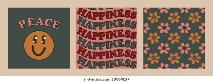 Set of posters in retro style. Repeating happy text, pattern floral and emoticon with the inscription: peace. Vector illustration, flat design.