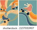 Set of posters in retro style with roller skates on a rainbow background. Psychedelic wallpaper. Colorful vector art design. 60s, 70s, hippies. Postcard set, poster design.