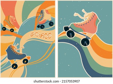 Set of posters in retro style with roller skates on a rainbow background. Psychedelic wallpaper. Colorful vector art design. 60s, 70s, hippies. Postcard set, poster design.