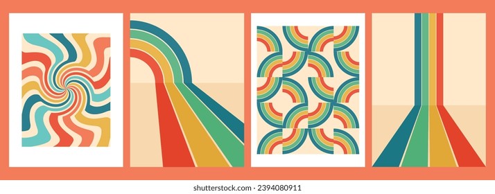 Set of posters in retro vintage 70s style. Cute 1970s vector graphic background with hippie elements. Abstract stylish illustration of linear frame in hippie style.