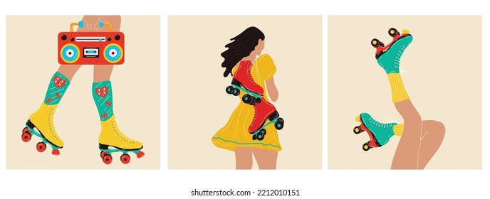 Set of posters with roller skates, Boombox and a girl with roller skates. Sport and disco. Retro fashion style from 80s. Vector illustrations in trendy colors. Hand drawn style