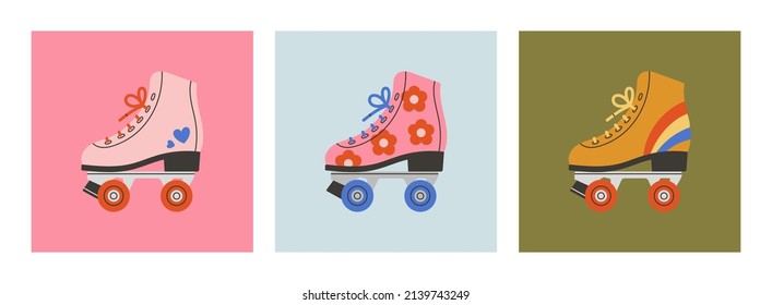 Set of posters with roller skates. Shoes with cute prints of rainbow, hearts and flowers. Sport and disco. Retro fashion style from 80s. Vector illustrations in trendy colors. Hand drawn style. 