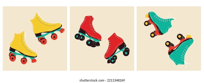 Set of posters with roller skates. Sport and disco. Retro fashion style from 80s. Vector illustrations in trendy colors. Hand drawn style.