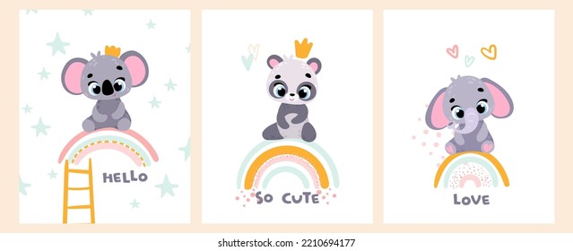 Set posters with safari animals. Rainbow. koala, panda, elephant. Vector print for children room, fabric, paper, greeting card, postcard, card, t shirt, poster, textile. Vector illustration