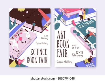 Conjunto de afiches para la ilustración vectorial de la feria de libros de arte y ciencia. Plantillas de promoción con gente pequeña y libros de texto gigantes. Placard para el evento literario, festival de literatura con un lugar para el texto