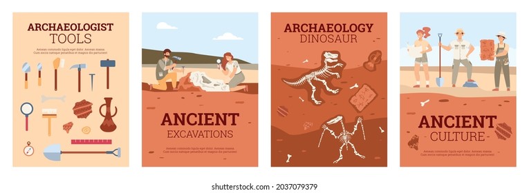 Set of posters with scientists archaeologists or treasure hunters works at archeology excavations, tools for search ancient artifacts and fossil animals. Vector illustrations.