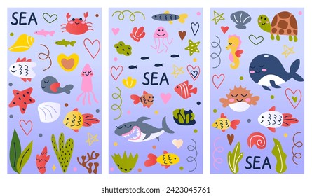 Set of posters with sea elements. An illustration feature three posters adorned with marine animals, blending intricate design with playful cartoon elements. Vector illustration.