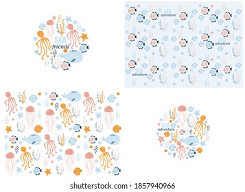 set of posters of the sea world, vector illustration of fish, whale, jellyfish, squid, stars, seashells, corals
