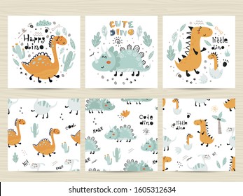 Set of posters and seamless patterns with cute dinosaurs and letterings.