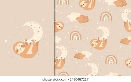 Set of posters and seamless patterns with a cute sloth hanging on the moon. Children's illustration for posters, textiles. Vector