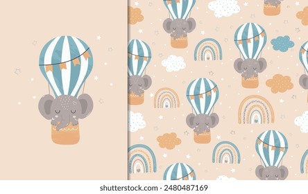 Set of posters and seamless patterns with an elephant flying in a balloon. Child illustration for posters, textiles. Vector