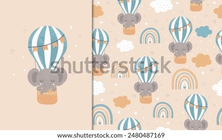 Set of posters and seamless patterns with an elephant flying in a balloon. Child illustration for posters, textiles. Vector